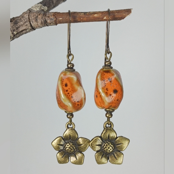 HAND CRAFTED Rustic Orange Ceramic Brass Flower Dangle Earrings - Picture 3 of 6